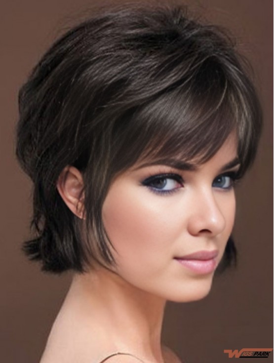 Naturally Straight Real Hair Wig With Bangs Capless Short Length Black Color