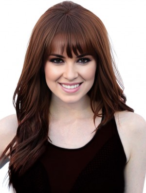 Carly Rae Jepsen Wigs With Bangs Long Length Wavy Style Auburn Color