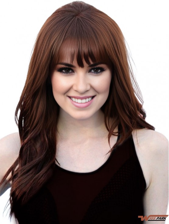 Carly Rae Jepsen Wigs With Bangs Long Length Wavy Style Auburn Color