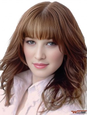 Wavy Real Hair Wig Medium Auburn Color Shoulder Length With Bangs