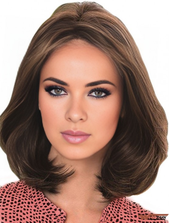 Real Hair Wig Brown With Lace Front Shoulder Length Brown Color