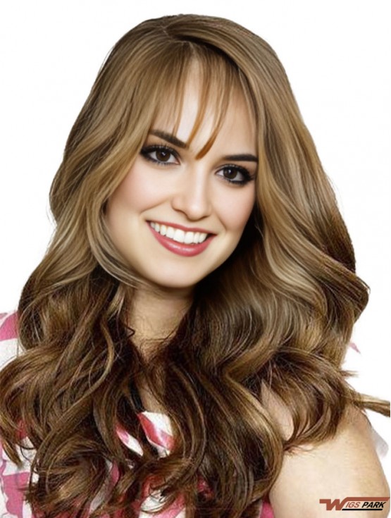 Full Head Real Hair Brown With Bangs Wavy Style