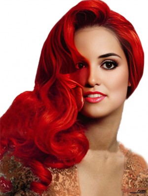 Red Wig Real Hair With Capless Wavy Style Long Length