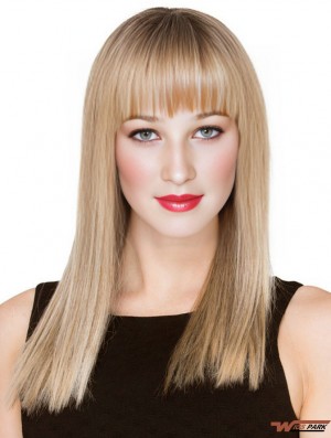 Blonde Long Real Hair Monofilament Wigs With Fringe With Bangs For Women