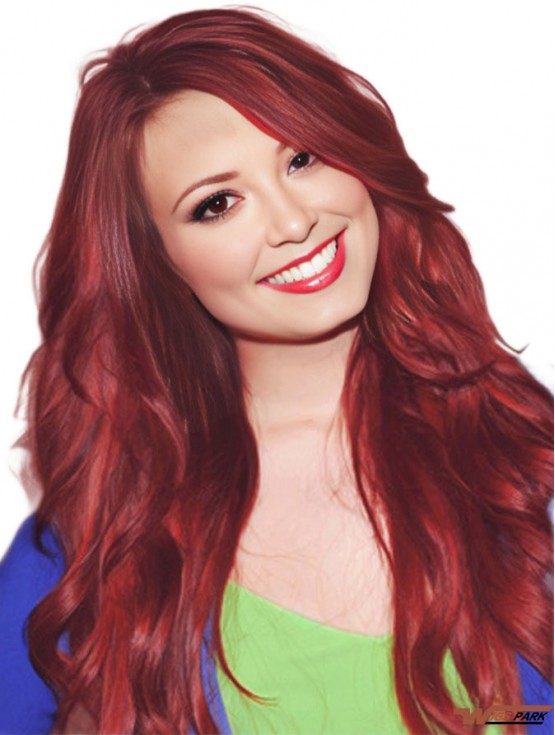 Long Red Wavy Real Hair wigs With Capless Construction For Women