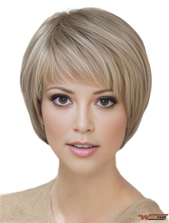 Blonde Short Straight With Bangs Monofilament Wigs
