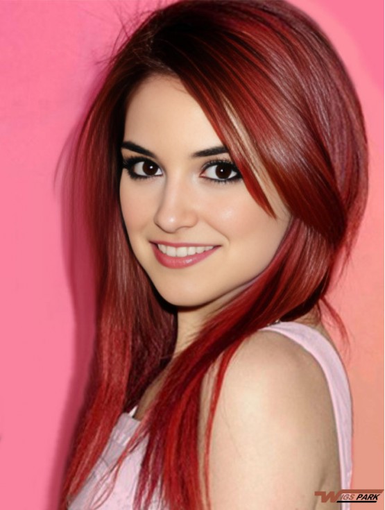 Red Lace Front Wig With Bangs Shoulder Length Straight Style