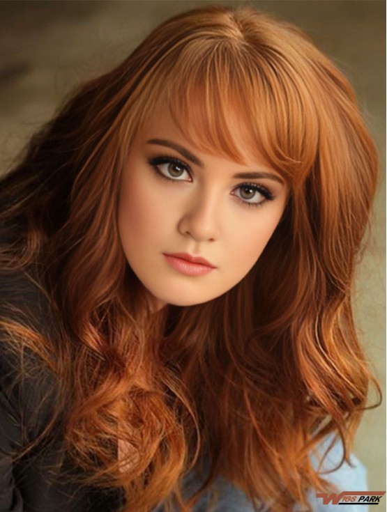 With Bangs Long Copper Wavy 18 inch Affordable Real Hair Wigs