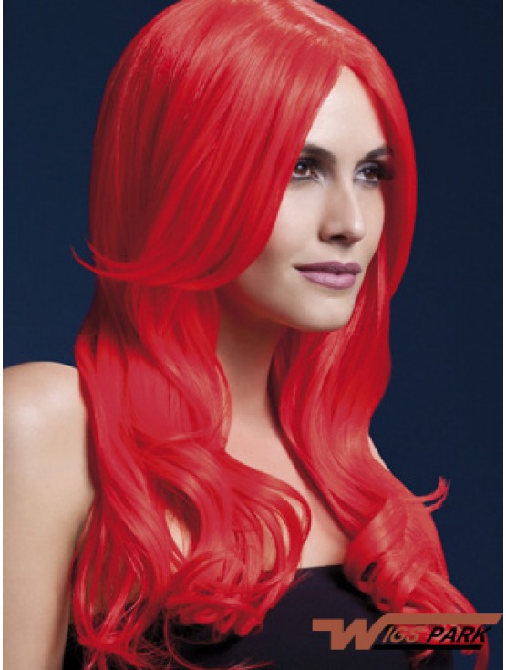 Synthetic Long Hair Wigs Red Color Wavy Style With Capless
