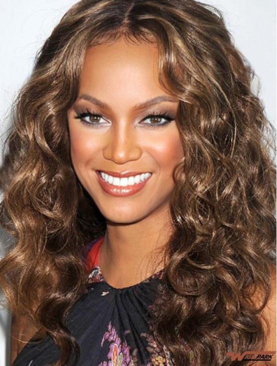 Brown Curly Without Bangs 100% Hand-tied 20 inch Fashionable Tyra Banks Wigs