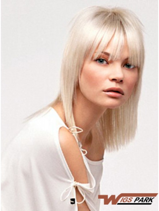 Lace Front With Bangs Shoulder Length Straight 14 inch Platinum Blonde No-Fuss Fashion Wigs