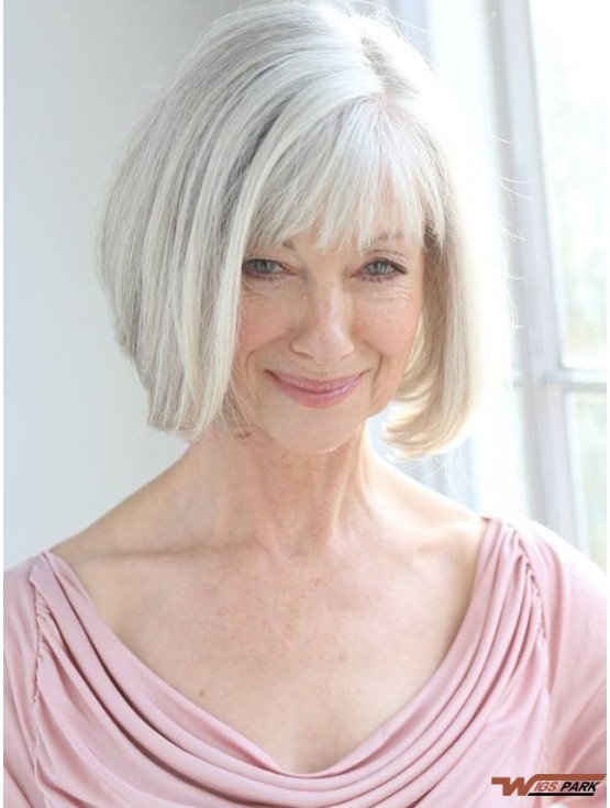 Real Hair Wigs With Remy Capless Grey Cut Chin Length