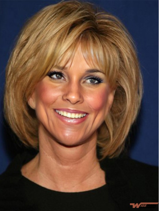 Comfortable Blonde Chin Length Straight With Bangs 12 inch Real Hair Wigs
