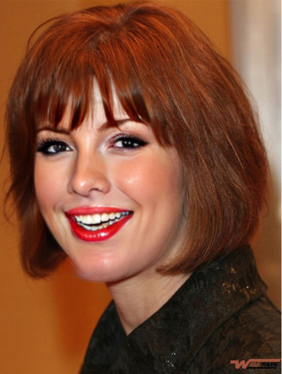 Natural Brown Chin Length Straight With Bangs 12 inch Real Hair Wigs